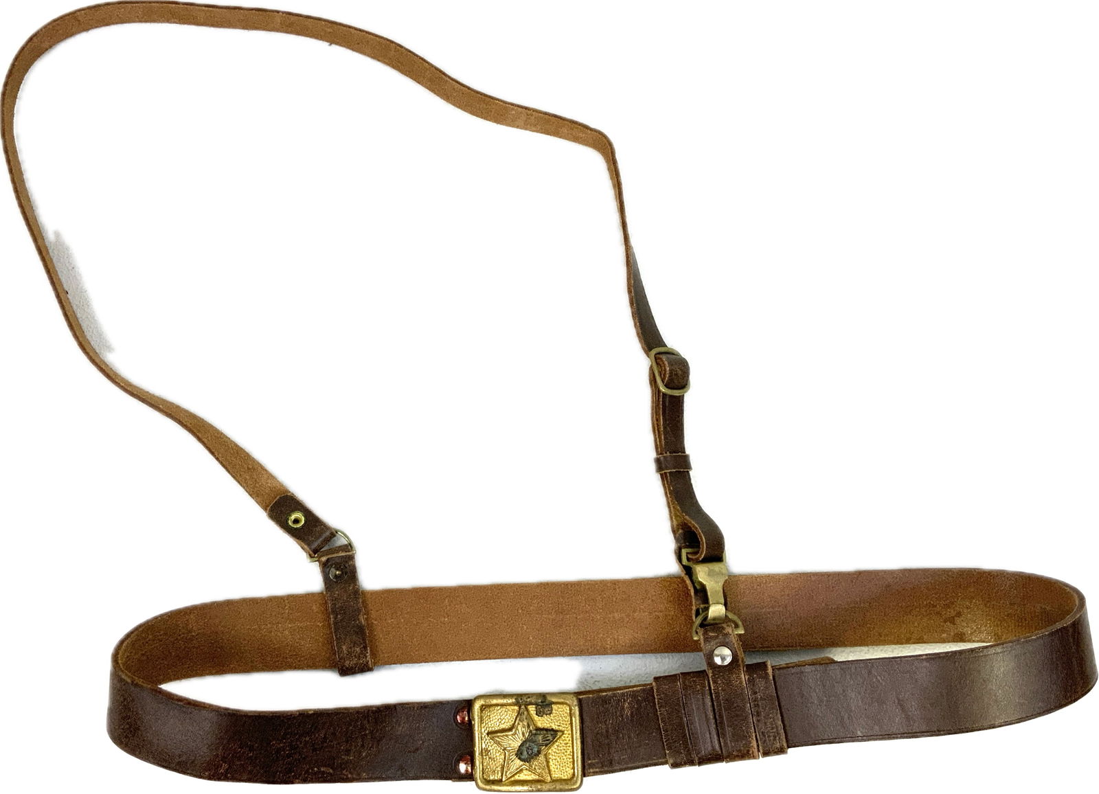 VINTAGE COMMUNIST BULGARIAN OFFICERS LEATHER BELT WITH CROSS STRAP: VINTAGE COMMUNIST BULGARIAN OFFICERS LEATHER BELT WITH CROSS STRAP.GREAT WORN CONDITION.