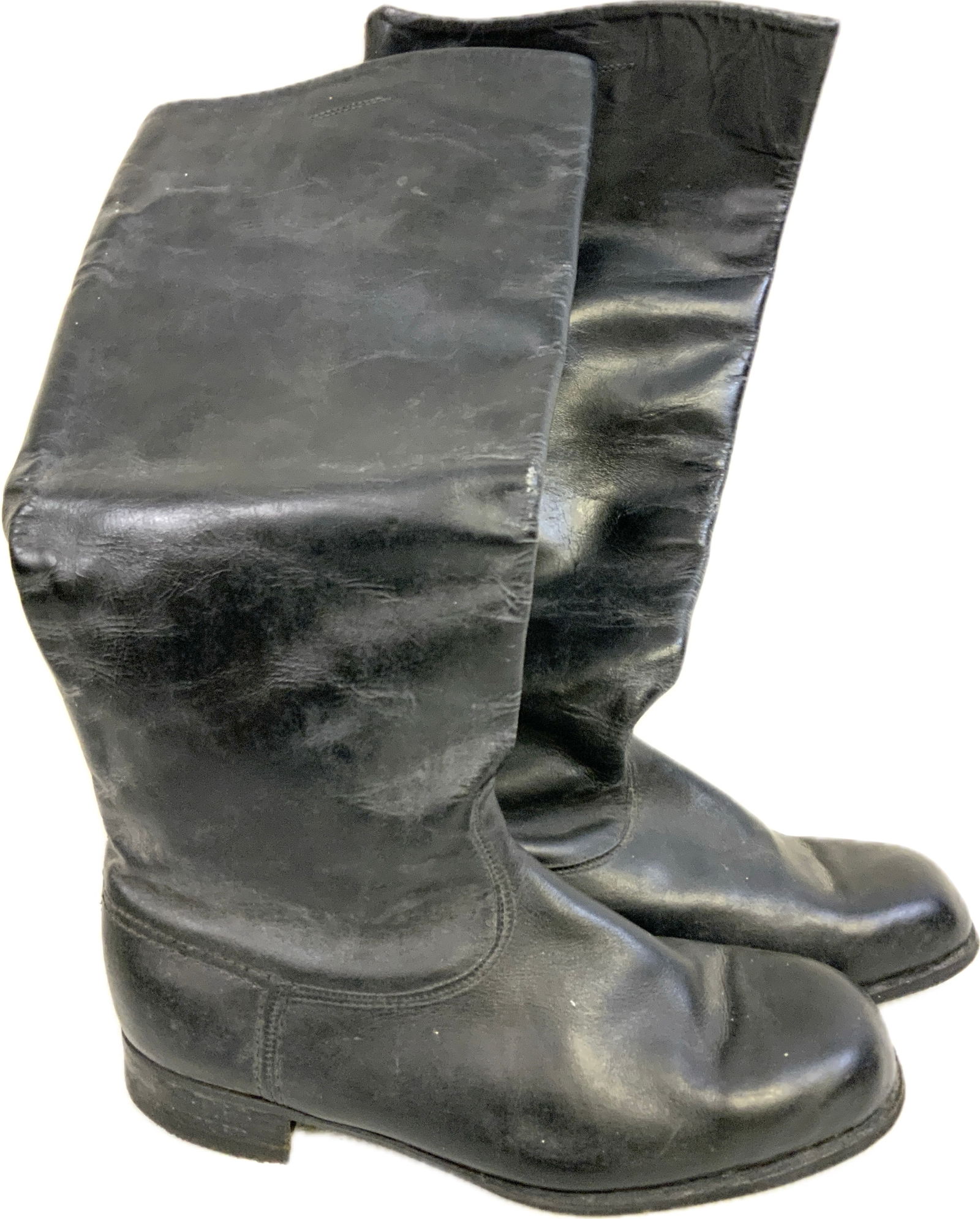 USSR VINTAGE MILITARY OFFICERS BLACK LEATHER BOOTS: VINTAGE RUSSIAN MILITARY OFFICERS BLACK LEATHER BOOTS. WORN BUT GREAT CONDITION. SIZE 42. 17' TALL. HIGH QUALITY LEATHER. NICELY MARKED INSIDE.