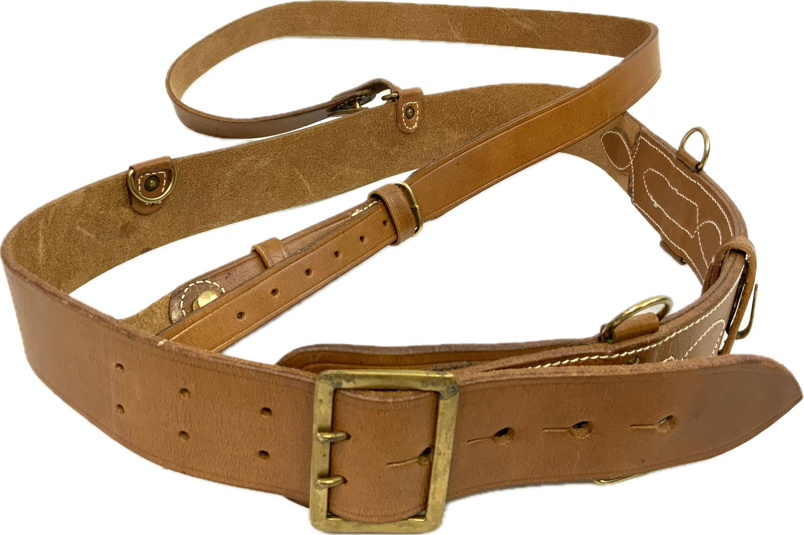 US SAM BROWNE BROWN LEATHER BELT WITH CROSS STRAP RIG: US SAM BROWNE BROWN LEATHER BELT WITH CROSS STRAP RIG. MINT , NEVER USED CONDITION.