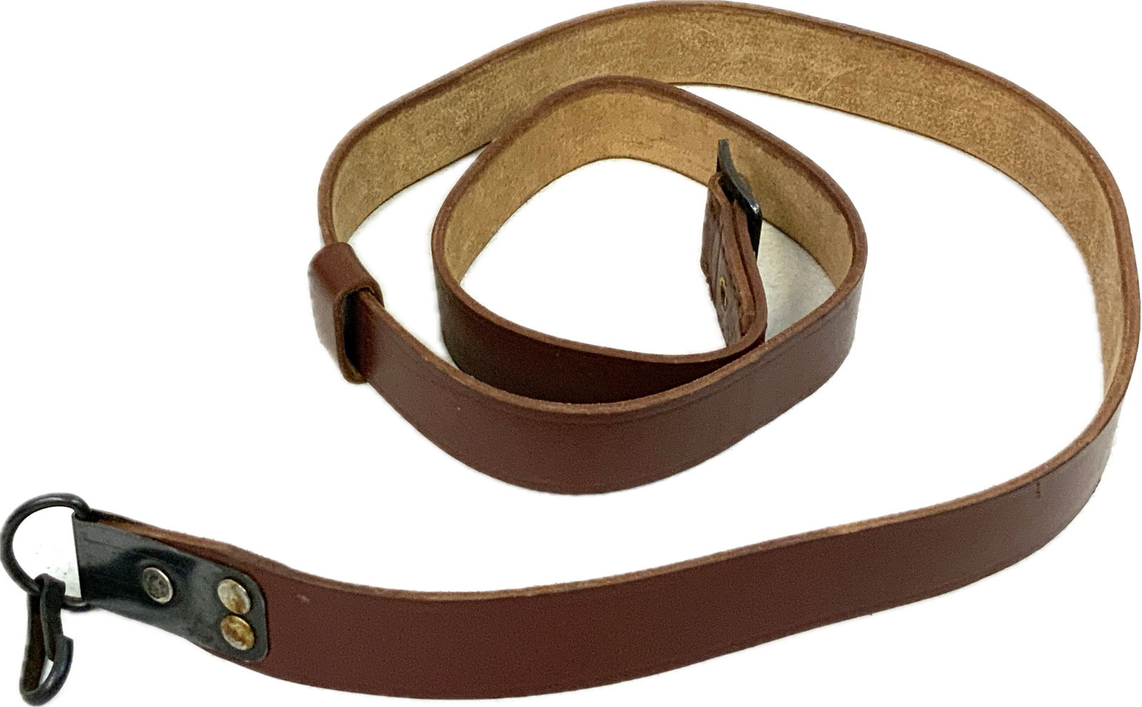 FRENCH BROWN LEATHER RIFLE SLING: FRENCH BROWN LEATHER RIFLE SLING. GREAT CONDITION.