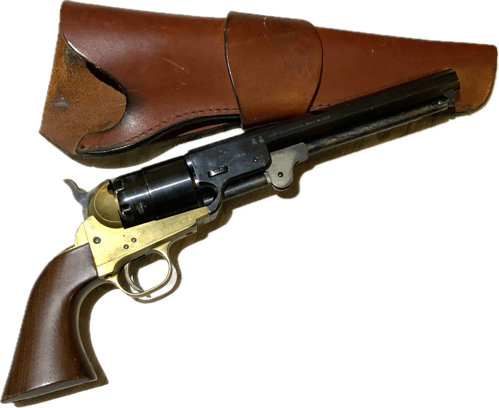 COLT 1851 NAVY PERCUSSION REVOLVER BY F. LLIPIETTA: Italian Reproduction Colt Model 1851 Navy Percussion Revolver by F. Llipietta. Comes with Brown Leather Holster. Serial no. 343505, .44 caliber, 7 1/2-inch octagonal barrel with Italian maker markings