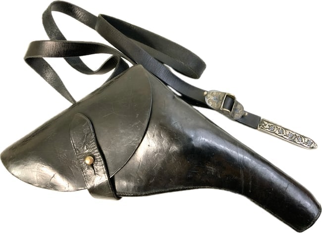 ANTIQUE IMPERIAL RUSSIAN COSSACK HOLSTER WITH SILVER DECORATED STRAP: ANTIQUE IMPERIAL RUSSIAN COSSACK HOLSTER WITH SILVER DECORATED STRAP. GREAT CONDITION RUSSIAN SMITH & WESSON REVOLVER SIZE HOLSTER. CROSS STRAP ALSO IN GREAT CONDITION ADORNED WITH SILVER DECORATED FI