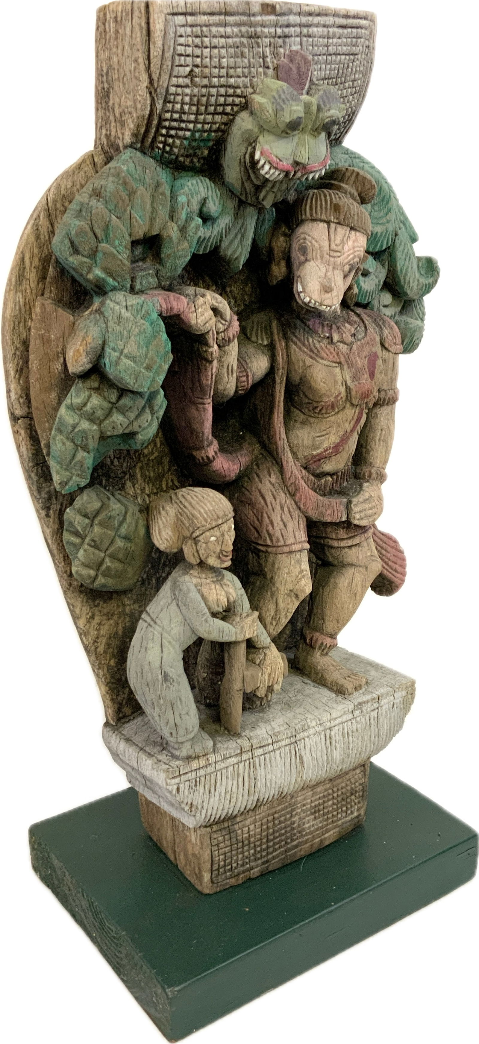 ANTIQUE HANUMAN GUARDIAN PROTECTOR SHRINE: ANTIQUE HANUMAN GUARDIAN PROTECTOR SHRINE.INDIA CIRCA 1720. CARVED WOOD SHOWS GREAT AGE.ON REPLACEMENT 20th CENTURY WOOD BASE.EX TURIN COLLECTION,ITALY.21" TALL X 11" SIZE. FROM DR. PAUL D. WYNN