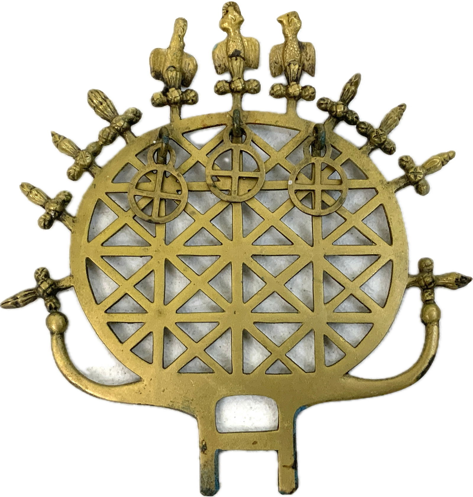 ANTIQUE HITTITE BRONZE SUN DISK: ANTIQUE HITTITE BRONZE SUN DISK. EX TURIN COLLECTION, ITALY. 10" X 9 1/2" SIZE. COMES WITH WOODEN DISPLAY STAND. FROM DR. PAUL D LYNN COLLECTION.