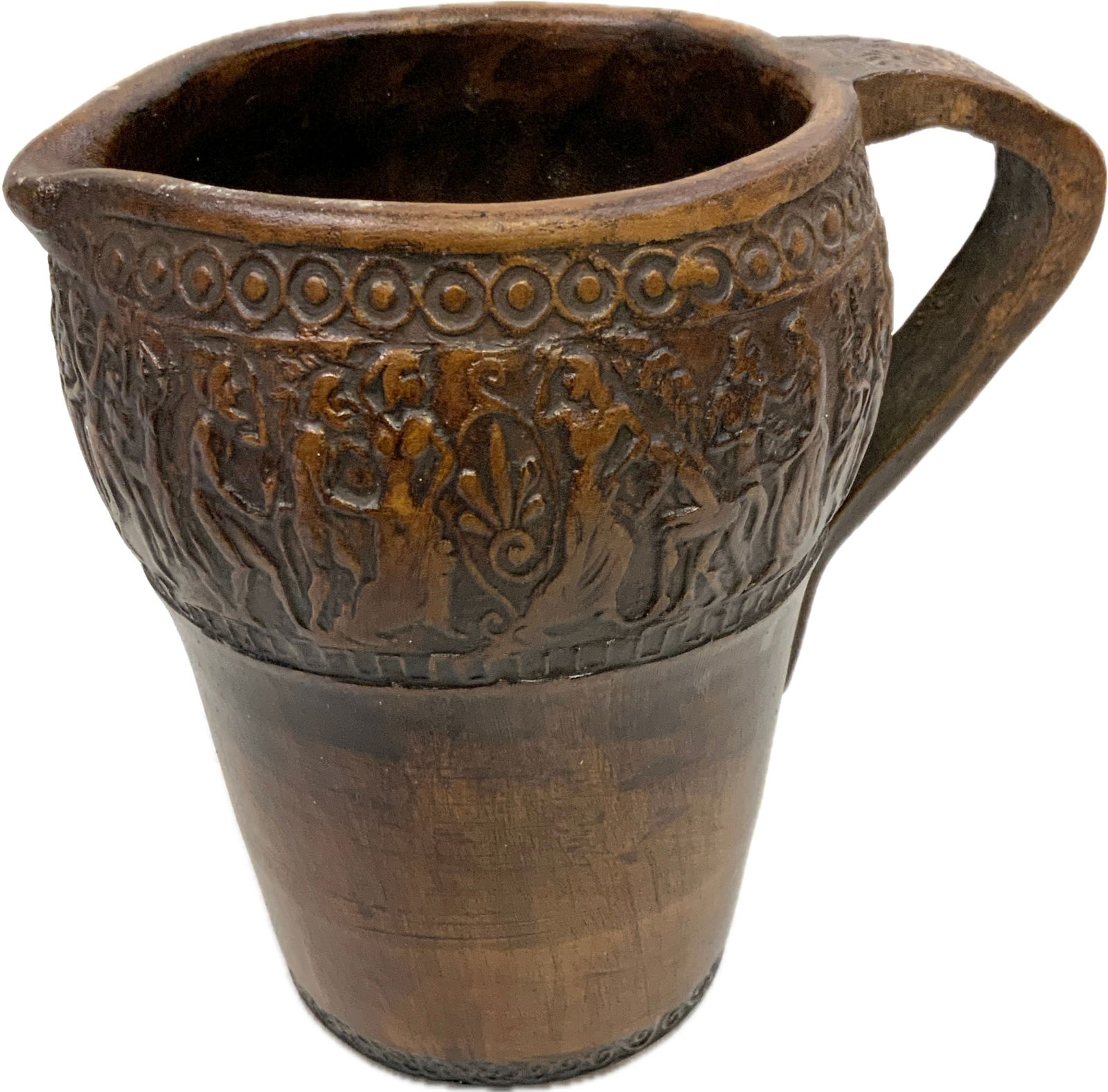ANTIQUE GREEK CLAY PITCHER WITH DIONYSIAN DECORATIONS: ANTIQUE GREEK CLAY PITCHER WITH DIONYSIAN DECORATIONS. 6" TALL, 4" DIAM. EX. TURIN COLLECTION, ITALY. FROM DR. PAUL D LYNN COLLECTION.