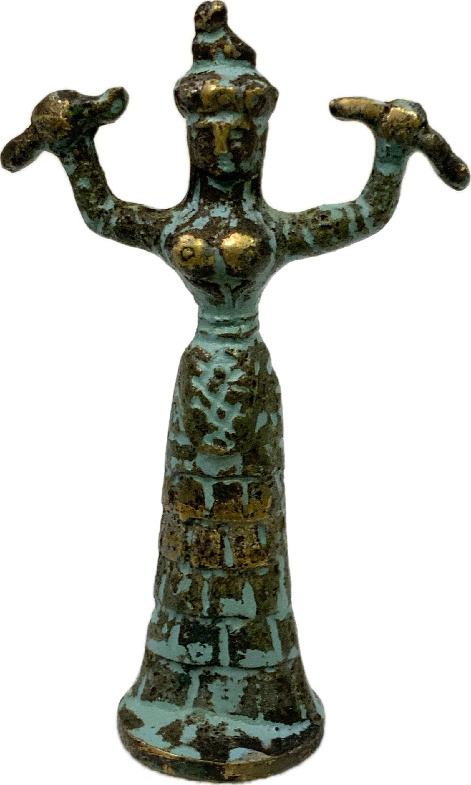 ANTIQUE MINOAN SNAKE GODDES AMULET: ANTIQUE MINOAN SNAKE GODDES AMULET.BRONZE, CRETE.4" TALL. FROM DR. PAUL D LYNN COLLECTION.