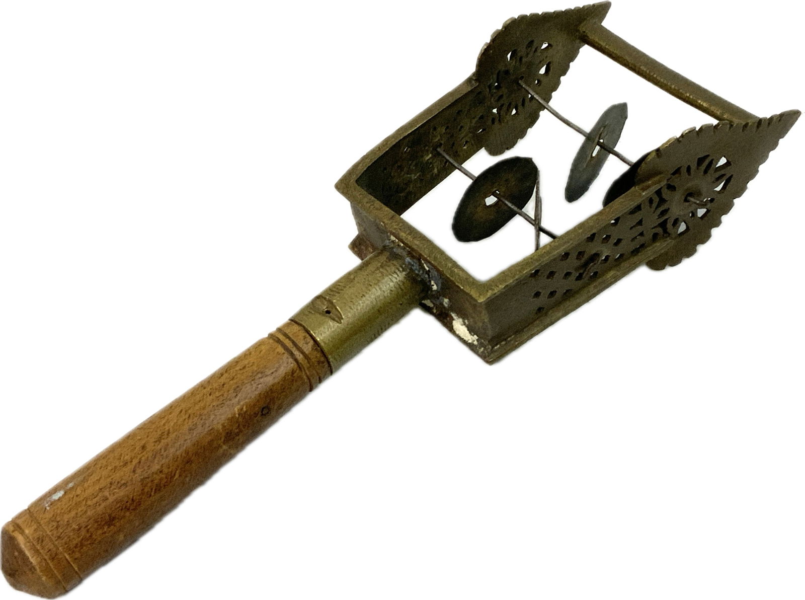 ANTIQUE SISTRUM MUSICAL INSTRUMENT: ANTIQUE SISTRUM MUSICAL INSTRUMENT.WOOD AND BRONZE.ALEXANDRIA.EX TURIN COLLECTION ,ITALY 10" LONG. FROM DR. PAUL D LYNN COLLECTION.