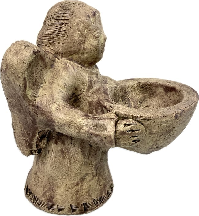 ITALY CLAY CHERUB WITH BASIN STATUE: ITALY CLAY CHERUB WITH BASIN STATUE. 195O'S. 7" TALL. FROM DR. PAUL D. LYNN COLLECTION