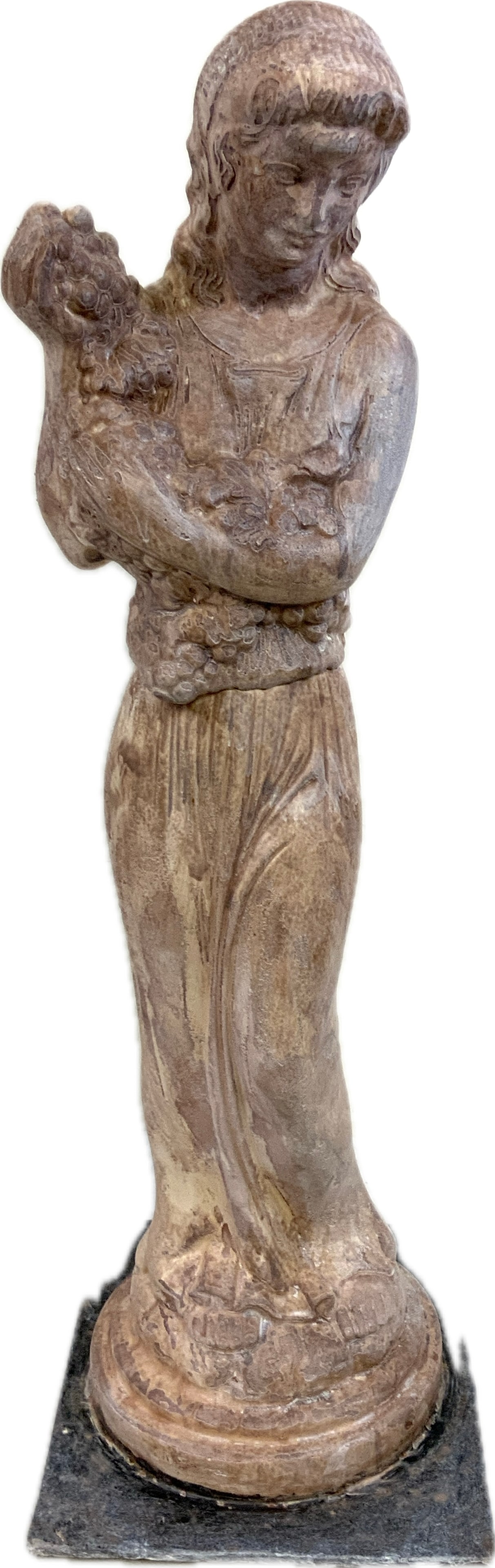 ANTIQUE ROMAN LADY GARDEN STATUE: ANTIQUE ROMAN LADY GARDEN STATUE. BOETIA , CRETE. FIRED TERRACOTTA. 27" TALL.VICTORIAN ERA. ANTIQUE WEATHERING. FROM DR. PAUL D. LYNN COLLECTION
