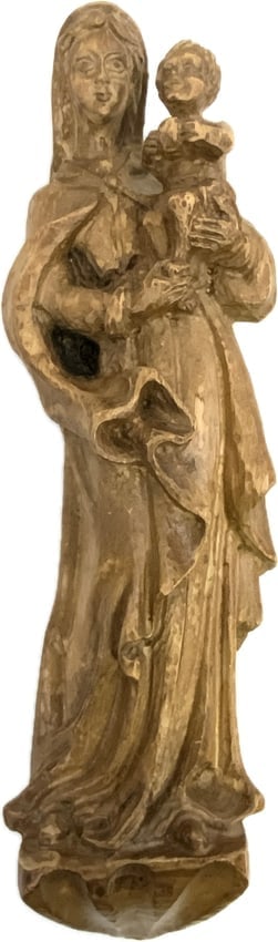 AUSTRIA VIRGIN MARY AND CHILD CARVED WOOD WALL DECORATION: AUSTRIA VIRGIN MARY AND CHILD CARVED WOOD WALL DECORATION. 18" TALL. FROM DR. PAUL D. LYNN COLLECTION.
