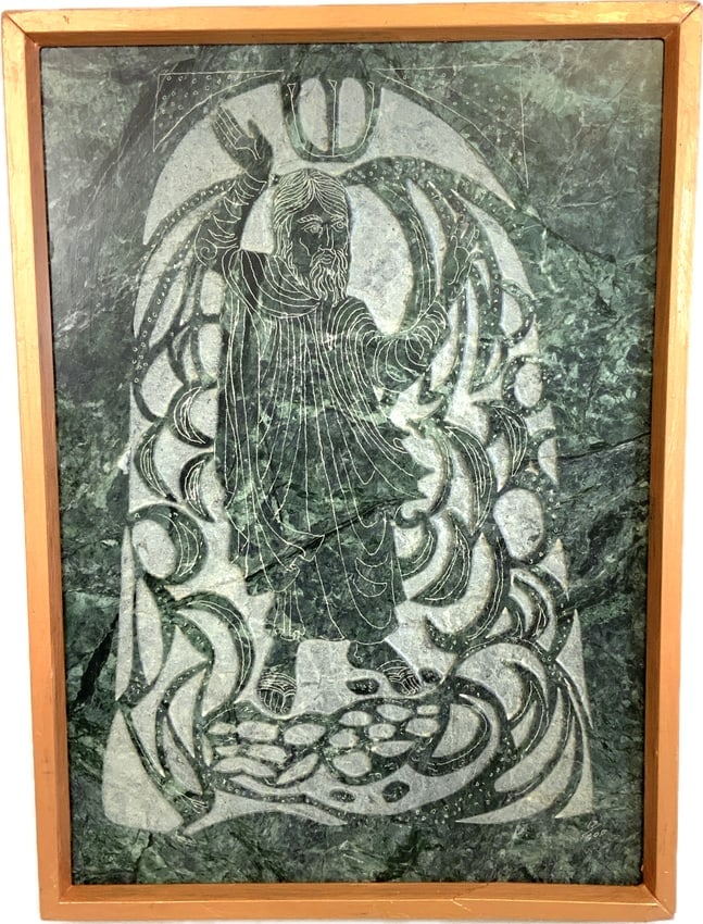 MOSES PARTING THE RED SEA ENGRAVING ON MARBLE PANEL: MOSES PARTING THE RED SEA ENGRAVING ON MARBLE PANEL.IN ANTIQUE GILT WOOD FRAME. 15 1/2" X 11 1/2" SIZE.CIRCA 1930. EX. TURIN COLLECTION, ITALY. FROM DR. PAUL D LYNN COLLECTION.