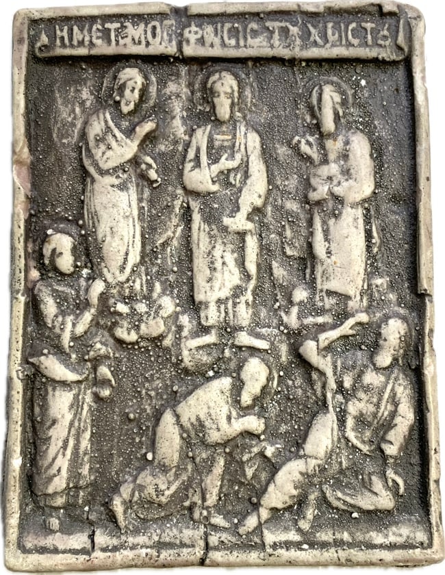 CHRIST DISCIPLES GREEK ORTHODOX CLAY ICON: CHRIST DISCIPLES GREEK ORTHODOX CLAY ICON. WHITE CLAY. 2" X 3' SIZE.FROM DR. PAUL D LYNN COLLECTION.