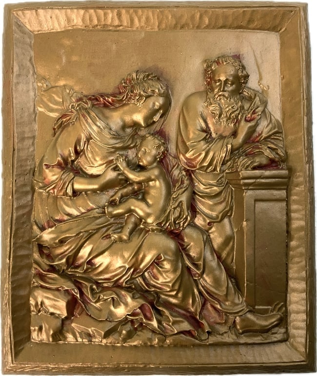 VIRGIN MARY WALL RELIEF: The Virgin Mary Wall Relief is a classic bas relief plaque, crafted from durable fiberglass resin with an antique finish. Its fine detail make it a distinctive piece for sacred spaces. Suitable for in