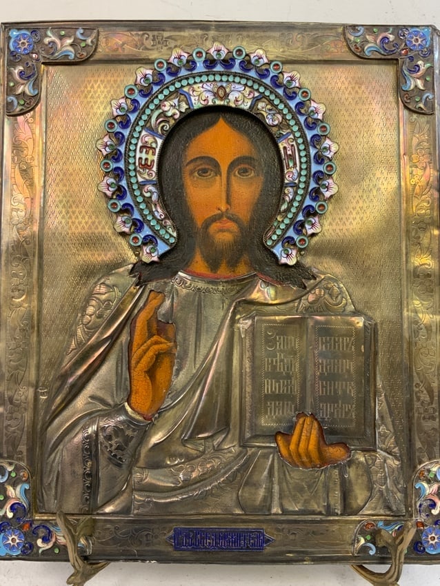 ANTIQUE 19TH CENTURY RUSSIAN ORTHODOX ICON WITH SILVER AND ENAMELS RIZA COVER.: ANTIQUE 19TH CENTURY RUSSIAN ORTHODOX ICON WITH SILVER AND ENAMELS RIZA COVER. CIRCA 1880. SILVER HALLMARKS. 9"X 10" SIZE.BEAUTIFUL ARTWORK. COMES WITH BRASS STAND.