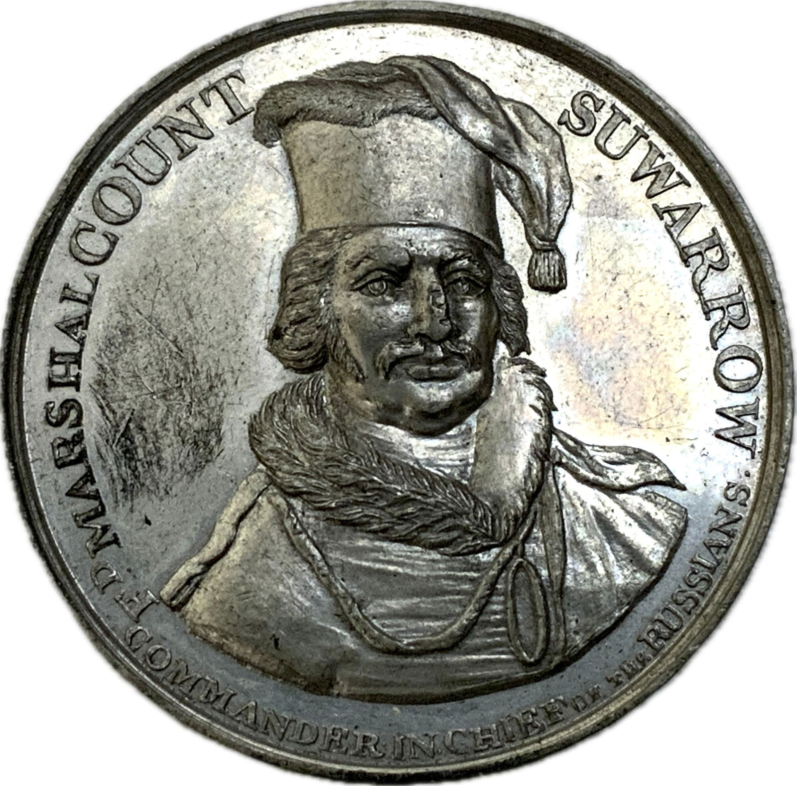 IMPERIAL RUSSIAN COUNT SUVOROVS VICTORIES IN ITALY MEDAL: IMPERIAL RUSSIAN COUNT SUVOROVS VICTORIES IN ITALY MEDAL.WHITE METAL. 38MM. GOOD EXTREMELY FINE CONDITION. RARE