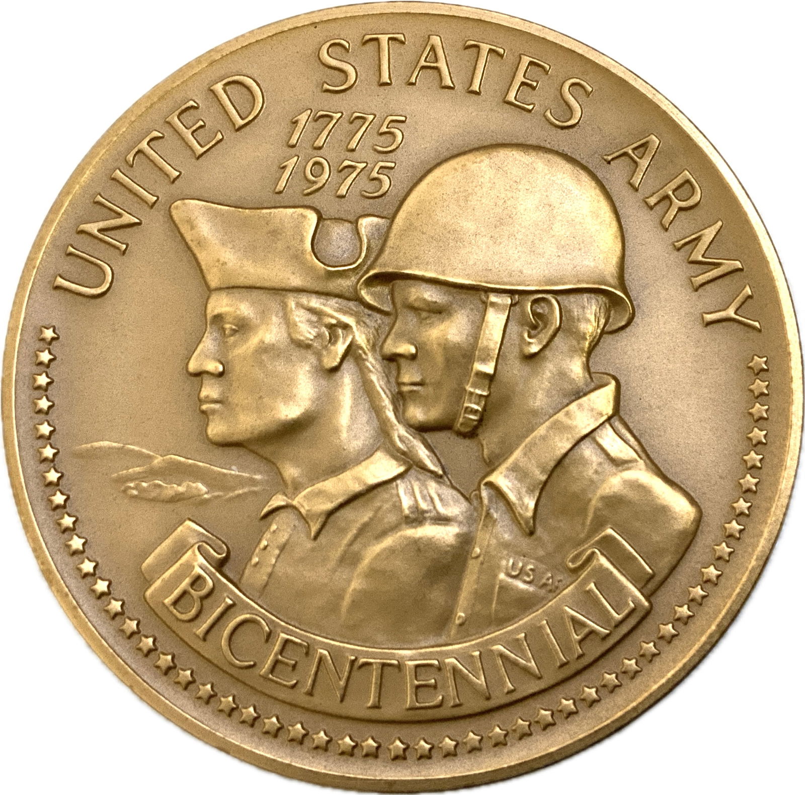 USA LARGE BRONZE 1975 US ARMY BICENTENNIAL MEDAL: USA LARGE BRONZE 1975 US ARMY BICENTENNIAL MEDAL. 3" DIAM.