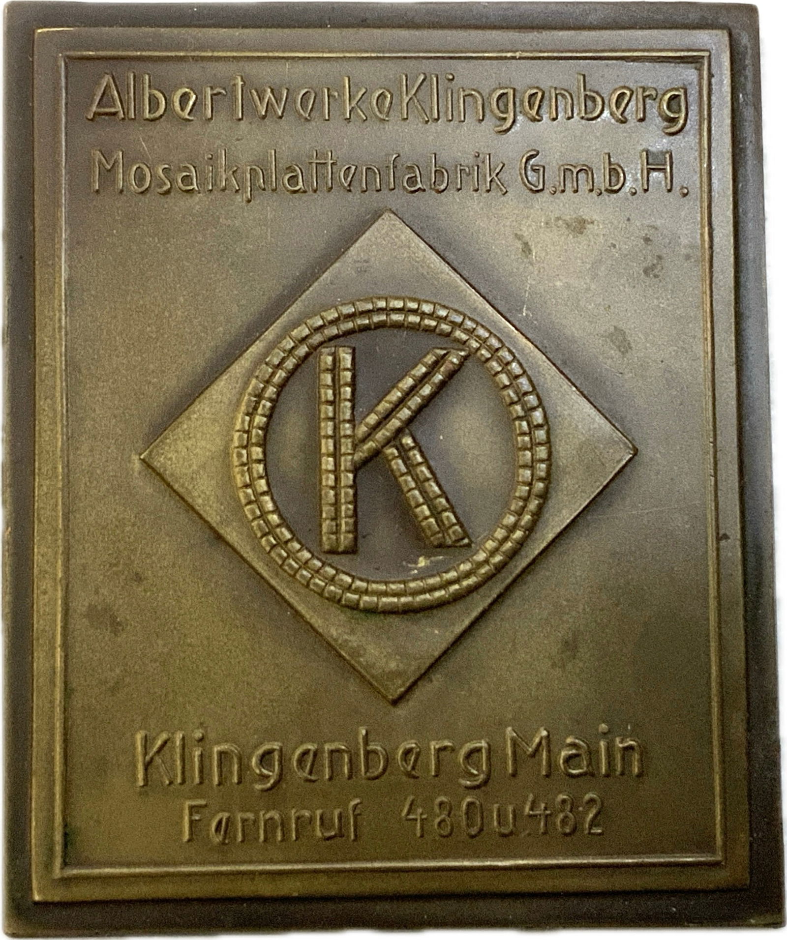 THIRD REICH GERMAN ALBERTWERKE KLINGENBERG MANUFACTURING PLAQUE: THIRD REICH GERMAN ALBERTWERKE KLINGENBERG MANUFACTURING PLAQUE.BRONZE. 1 3/4 X 2 1/8 SIZE.