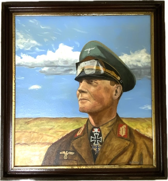 GERMAN GENERALFELDMARSCHALL ERWIN ROMMEL OIL ON CANVAS FRAMED PORTRAIT: GERMAN GENERALFELDMARSCHALL ERWIN ROMMEL OIL ON CANVAS FRAMED PORTRAIT. VERY NICE WITH BRIIGHT COLORS. SIGNED BY THE ARTIST. FRAMED IN 25" X 28" FRAME.