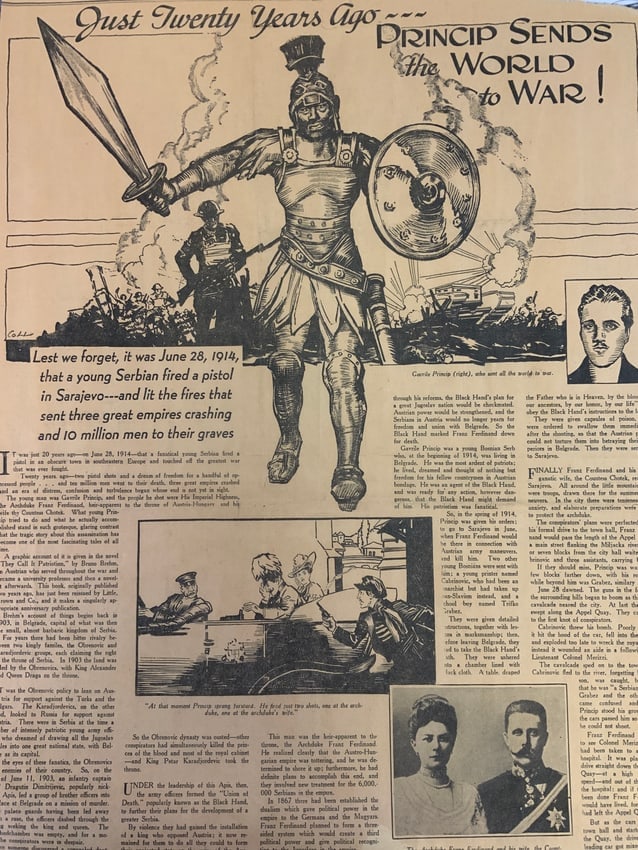 "TWENTY YEARS AGO PRINCIP SENDS THE WORLD TO WAR" FRAMED 1934 NEWSPAPER FRONT PAGE (1 of 4)