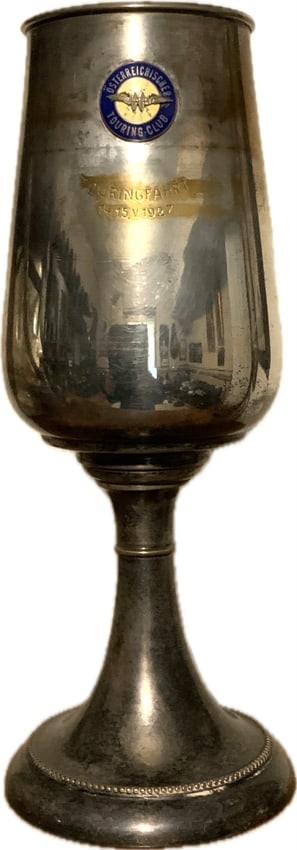 AUSTRIA 1927 AUSTRIAN AUTOMOTIVE CLUB SILVER PLATED TROPHY GOBLET: VINTAGE 1927 AUSTRIAN AUTOMOTIVE CLUB SILVER PLATED TROPHY GOBLET. LARGE SIZE 10" TALL AND 4" DIAM.SOME WEAR TO A SILVER PLATE OTHERWISE IG VERY NICE UNCLEANED CONDITION. NICE AUSTRIAN AUTOMOTIVE CLUB