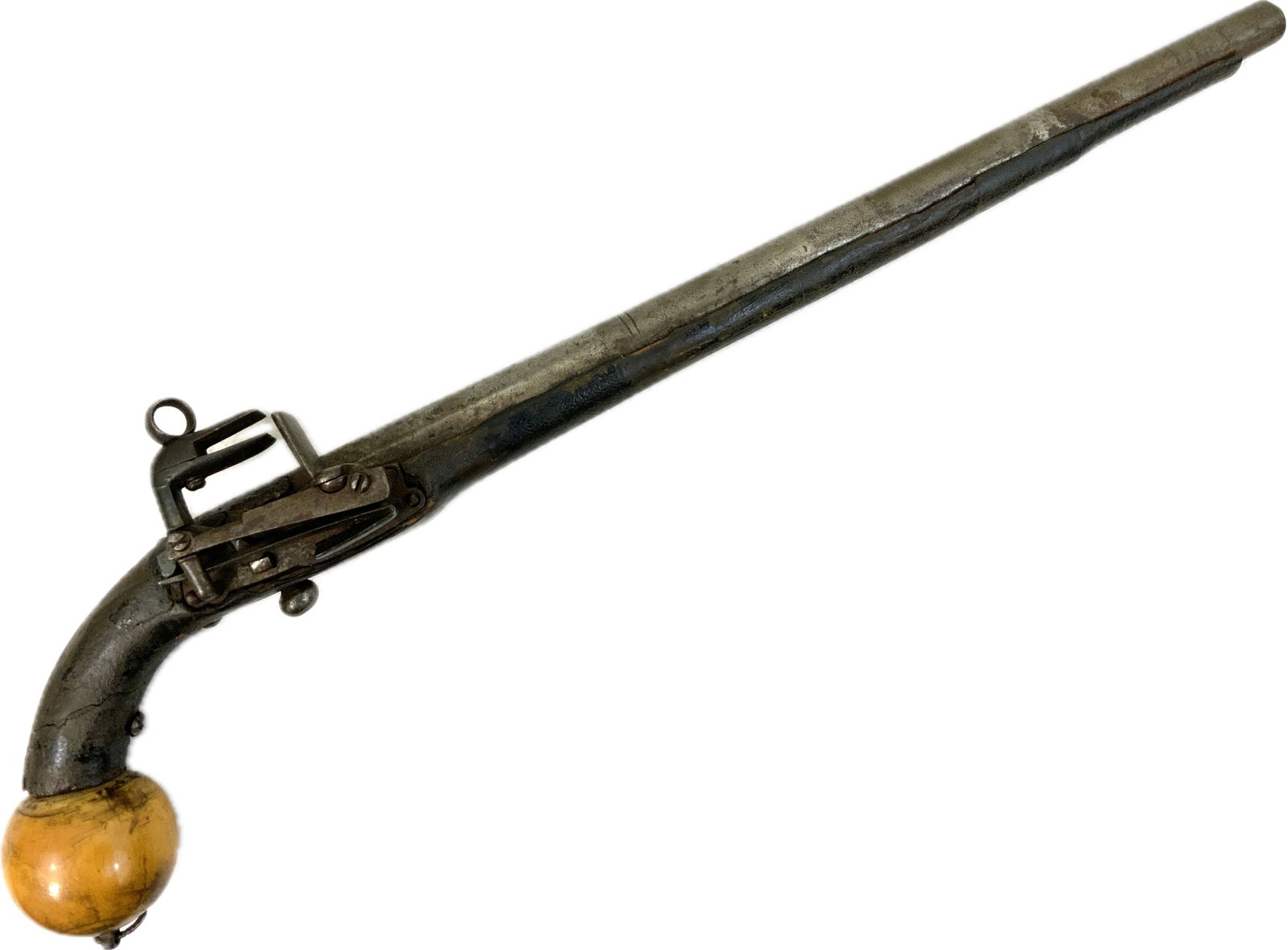 ANTIQUE RUSSIAN CAUCASIAN MIQUELET PISTOL CIRCASSIAN: ANTIQUE RUSSIAN CAUCASIAN MIQUELET LOCK PISTOL .19th CENTURY CIRCASSIAN STYLE. LEATHER WRAPPED WOOD STOCK WITH STEEL FITTINGS AND BARREL. REAL WEAPON NOT A DECORATION . LARGE BONE BALL GRIP . RARE AND