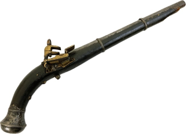 ANTIQUE RUSSIAN CAUCASIAN DAMASCUS BARREL MIQUELET PISTOL GOLD SILVER DECORATED: ANTIQUE RUSSIAN CAUCASIAN MIQUELET LOCK PISTOL .19th CENTURY CIRCASSIAN STYLE. GOLD AND SILVER DECORATED. OUTSTANDING PIECE ! DAMASCUS BARREL WITH GOLD DECORATED STEEL AND MAKER MARK. GOLD INLAYS DECO