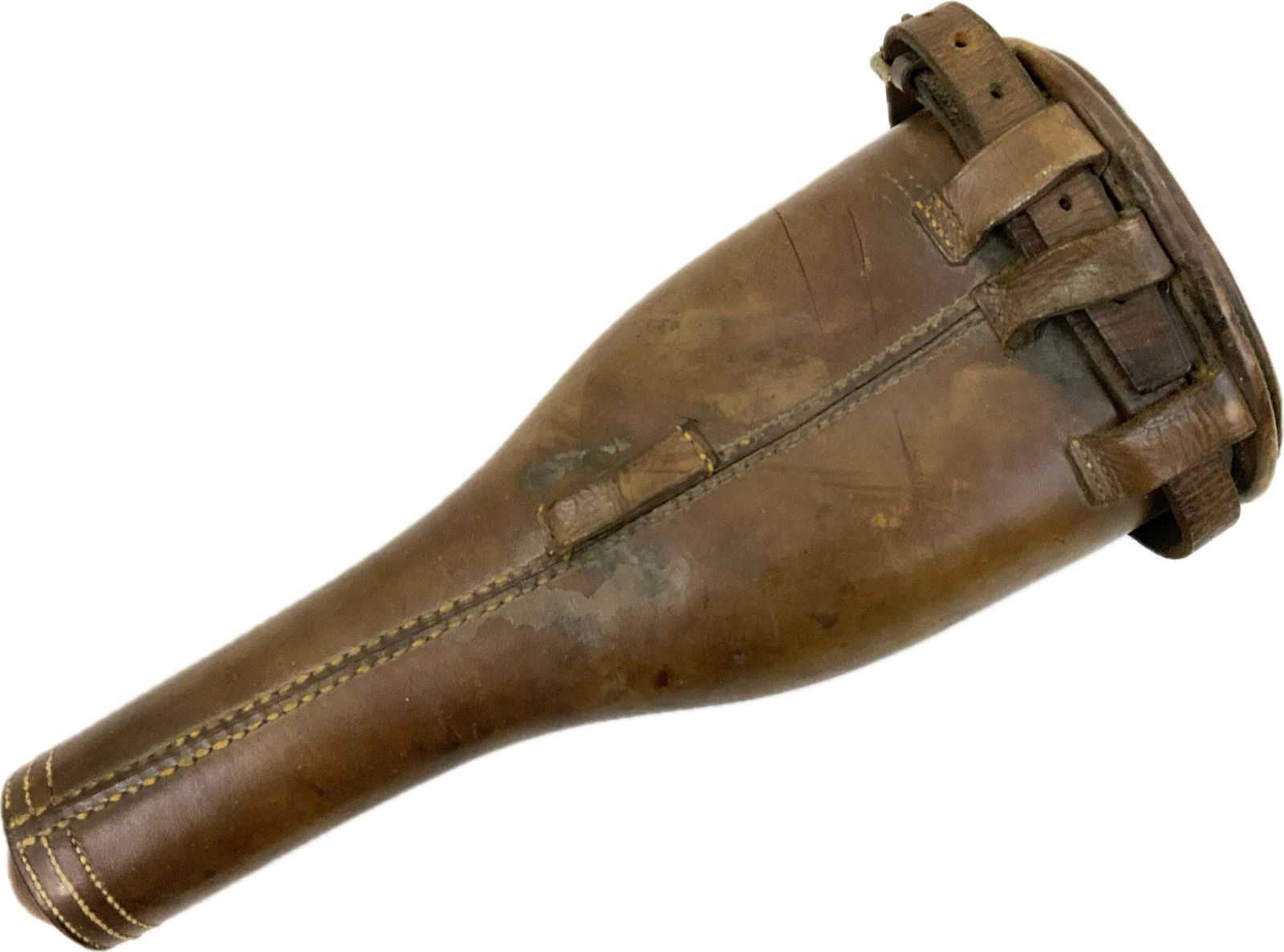 ANTIQUE FLINTLOCK PISTOL LEATHER HOLSTER: ANTIQUE FLINTLOCK PISTOL LEATHER HOLSTER. OUTSTANDING EXAMPLE AND IN GREAT CONDITION FOR ITS AGE. CIRCA EARLY 19th CENTURY. THICK BROWN LEATHER CONSTRUCTION. 13" LONG WITH 5" X 3 1/2" OPENING.
