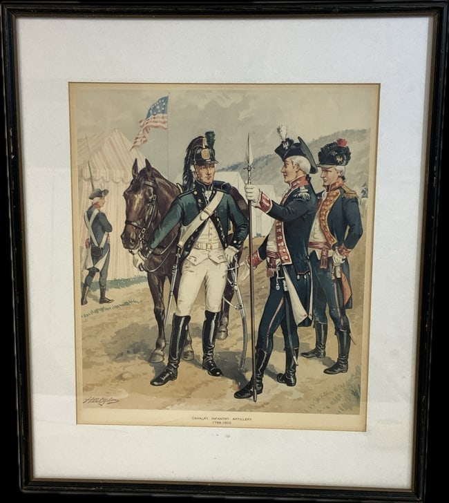 US MILITARY CAVALRY , INFANTRY ,ARTILLERY 1799-1802 FRAMED ARTWORK: US MILITARY CAVALRY , INFANTRY ,ARTILLERY 1799-1802 FRAMED ARTWORK. 16 1/2" X 20" SIZE