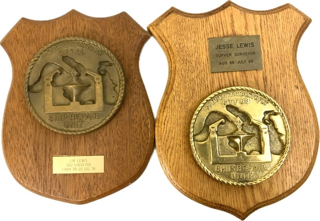 US NAVY SIXTH FLEET SHIP REPAIR UNIT AWARD PLAQUES NAMED: US NAVY SIXTH FLEET SHIP REPAIR UNIT AWARD PLAQUES NAMED. LARGE AND HEAVY BRONZE MEDALIONS MOUNTED ON THE WOOD PLAQUES. NAMED TO THE SAME PERSON. RARE. 10 X 13 AND 9 1/2 X 12 SIZES. VERY HEAVY.