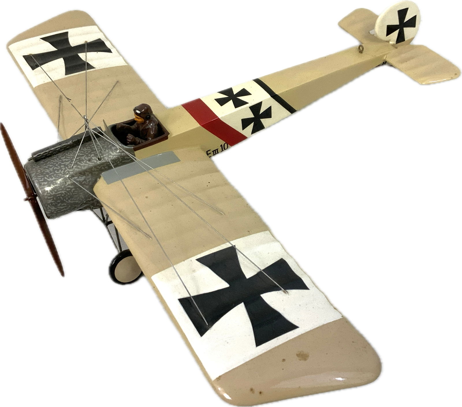 WWI GERMAN Fok. E III 10 PLANE LARGE DISPLAY MODEL: WWI GERMAN Fok. E III 10 PLANE LARGE DISPLAY MODEL. HIGH QUALITY WITH GREAT DETAILS. PAINTED WOOD BODY. 15" LONG WITH 20" WINGSPAN.