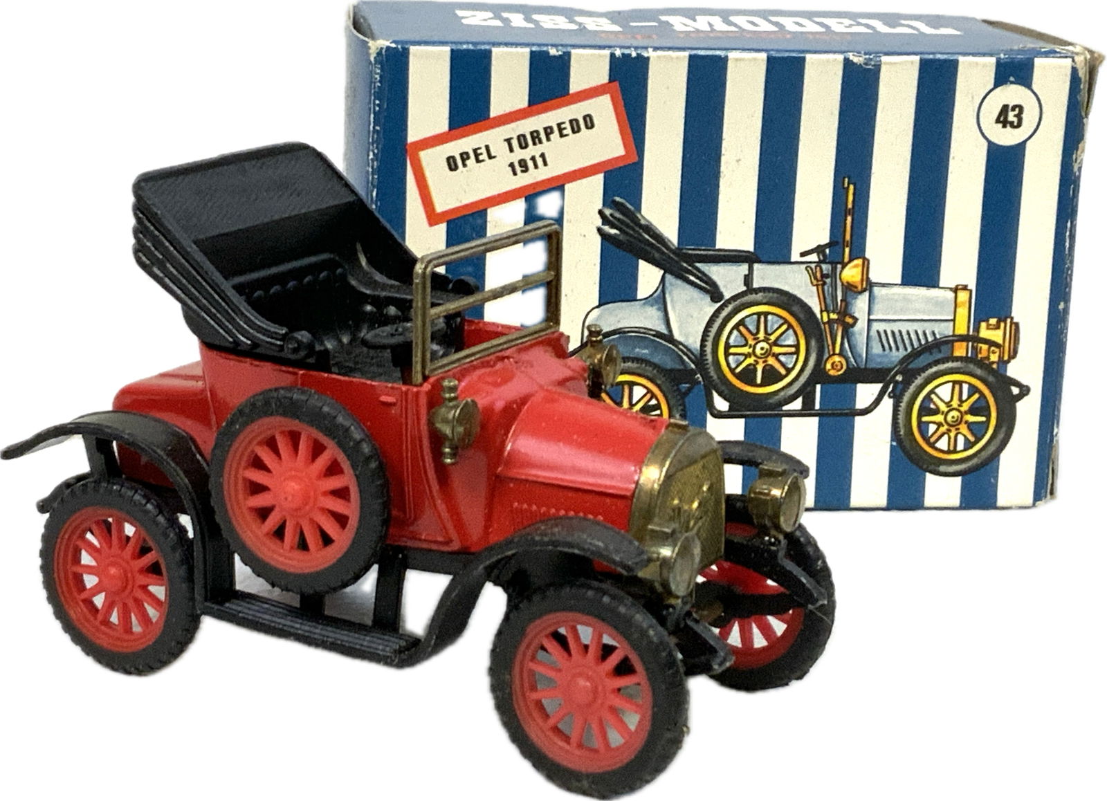 GERMAN ZISS-MODELL VINTAGE DIECAST CAR 1911 OPEL TORPEDO WITH BOX: GERMAN ZISS-MODELL VINTAGE DIECAST CAR 1911 OPEL TORPEDO WITH BOX.DIE CAST. 1/43 . 3" LONG. GREAT CONDITION.