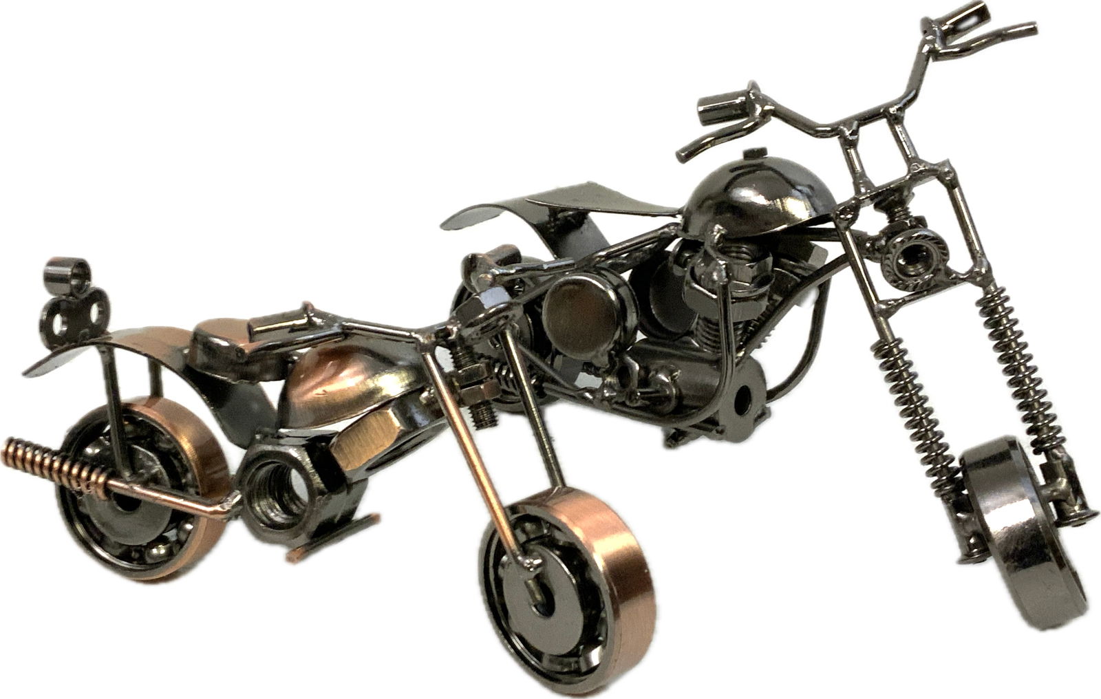 LOT OF 2 MOTORCYCLES MODELS MADE FROM SCRAP METAL: LOT OF 2 MOTORCYCLES MODELS MADE FROM SCRAP METAL . NICELY MADE FORM BOLTS , NUTS , BEARINGS AND PIECES OF SCRAP METAL. GREAT DISPLAY PIECES. 5" AND 6" LONG