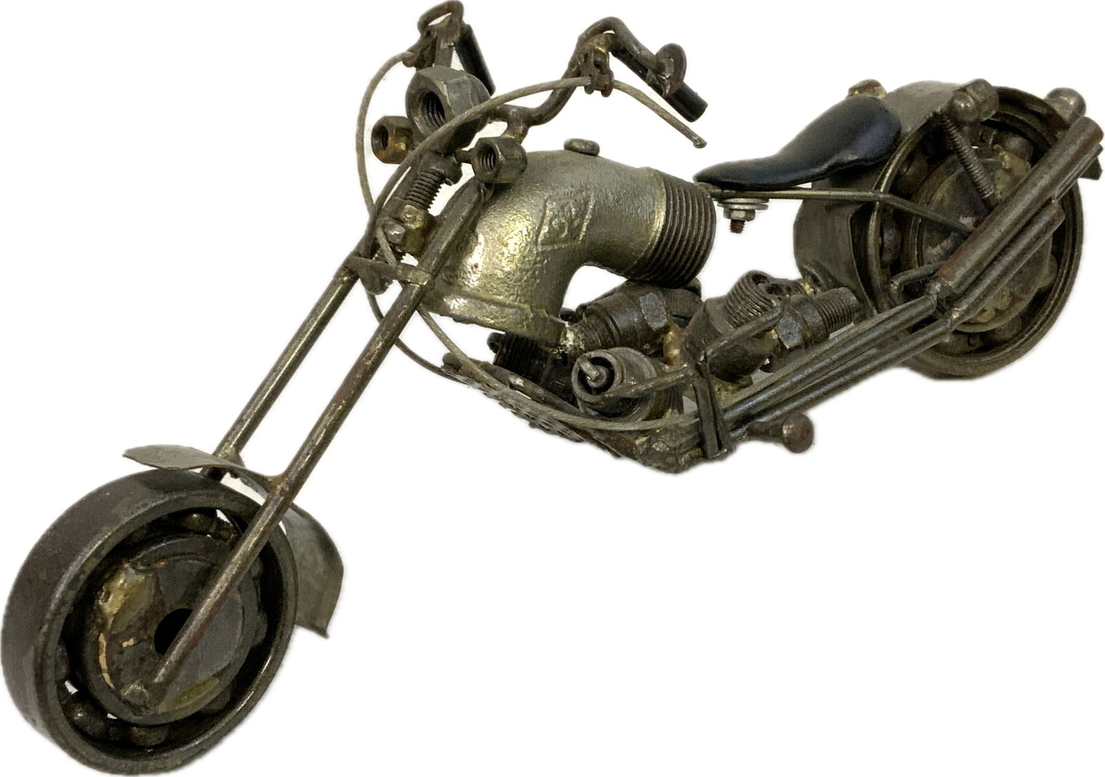 VINTAGE HIGH QUALITY MOTORCYCLE MODEL MADE FROM SCRAP METAL PARTS: HIGH QUALITY MOTORCYCLE MODEL MADE FROM SCRAP METAL PARTS . 12" LONG. GREAT DECORATOR .