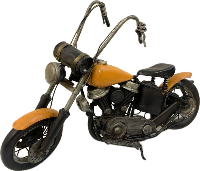 VINTAGE HANDMADE MOTORCYCLE MODEL: VINTAGE HANDMADE MOTORCYCLE MODEL. HAND MADE FROM METAL SCRAP. 12" LONG. GREAT DECORATOR.