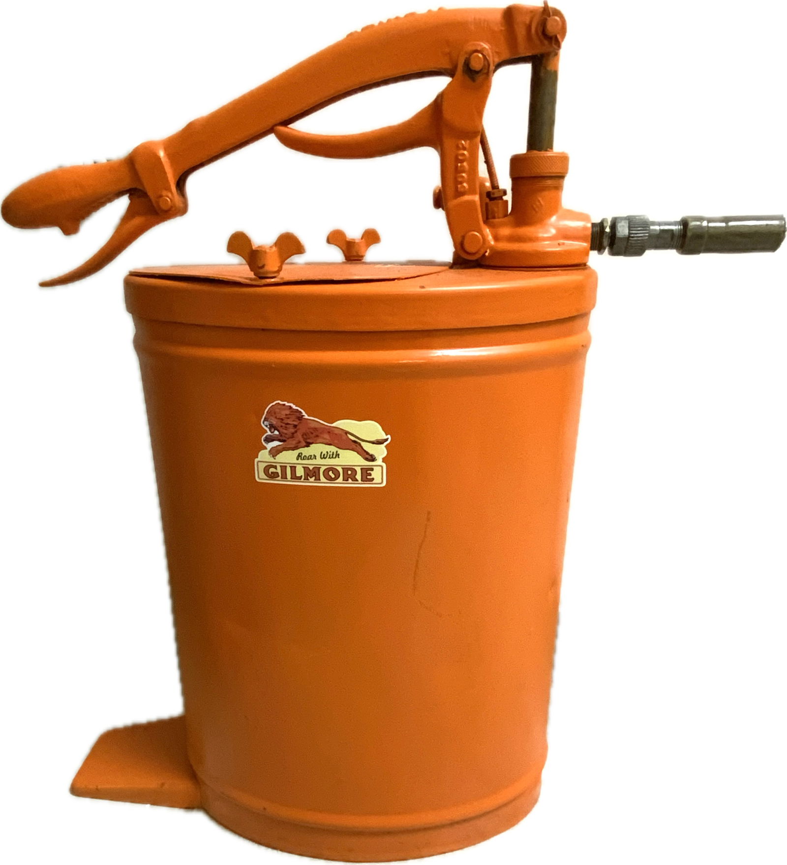 ANTIQUE 1920'S ROAR WITH GILMORE ALEMITE OIL LUBESTER OIL DISPENSER: ANTIQUE 1920'S ROAR WITH GILMORE ALEMITE OIL LUBESTER . ORIGINAL LUBESTER WITH RESTORED PAINT AND DECALS. 23" TALL. GREAT SHOP DECORATOR.