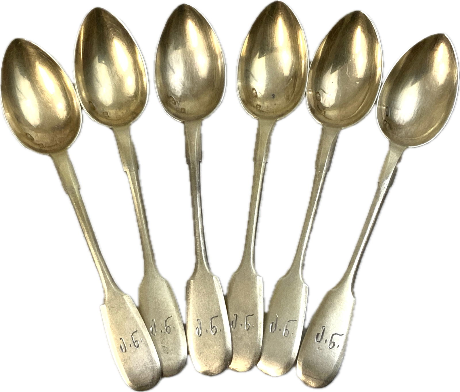 ANTIQUE IMPERIAL RUSSIAN GILDED 84 SILVER GEORGIAN SPOONS: ANTIQUE IMPERIAL RUSSIAN GILDED 84 SILVER GEORGIAN SPOONS . HALLMARKED. OWNER INITIALS IN GEORGIAN ENGRAVED . 5 3/4 LONG . TOTAL WEIGHT 170 GRAM.