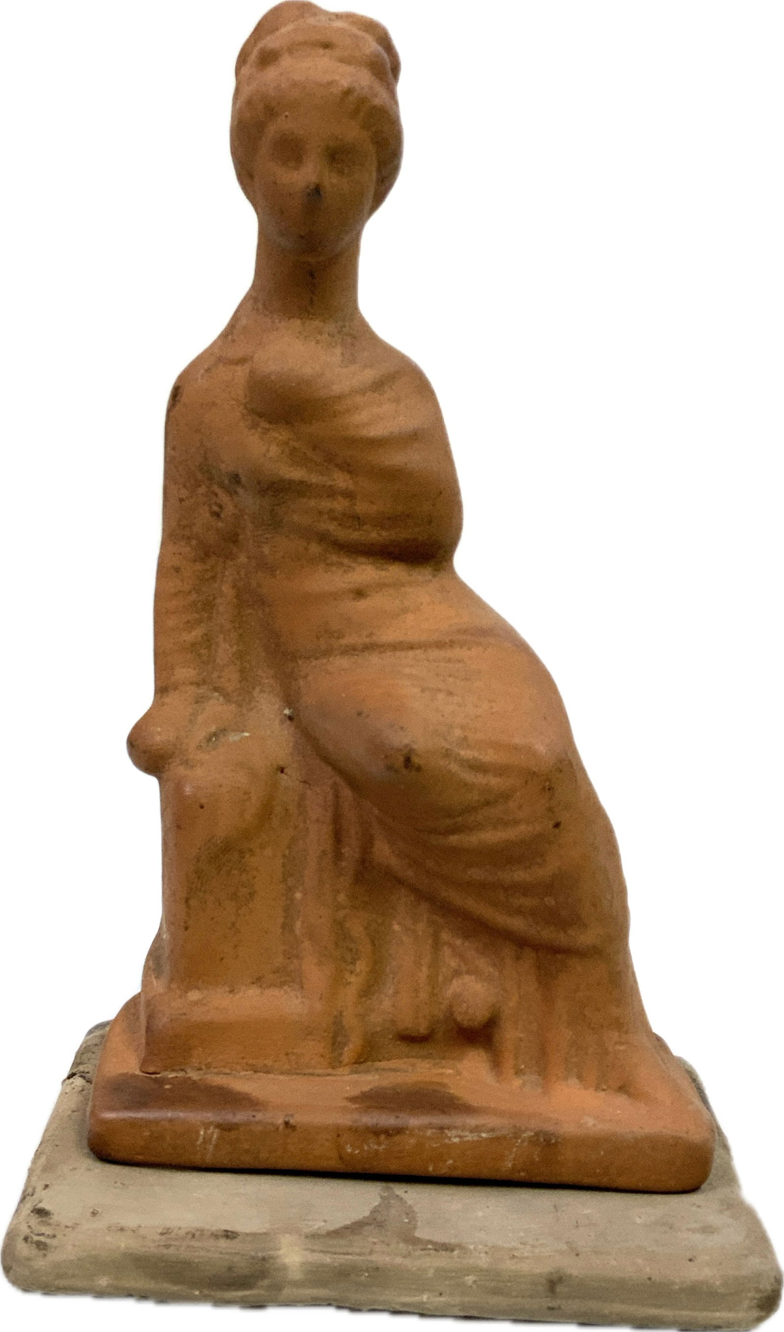 ANTIQUE TANAGRE GRAVE SHRINE FIGURE: ANTIQUE TANAGRE GRAVE SHRINE FIGURE. BOETIA,CRETE. 6 1/4" TALL. FROM DR. PAUL D. LYNN COLLECTION.