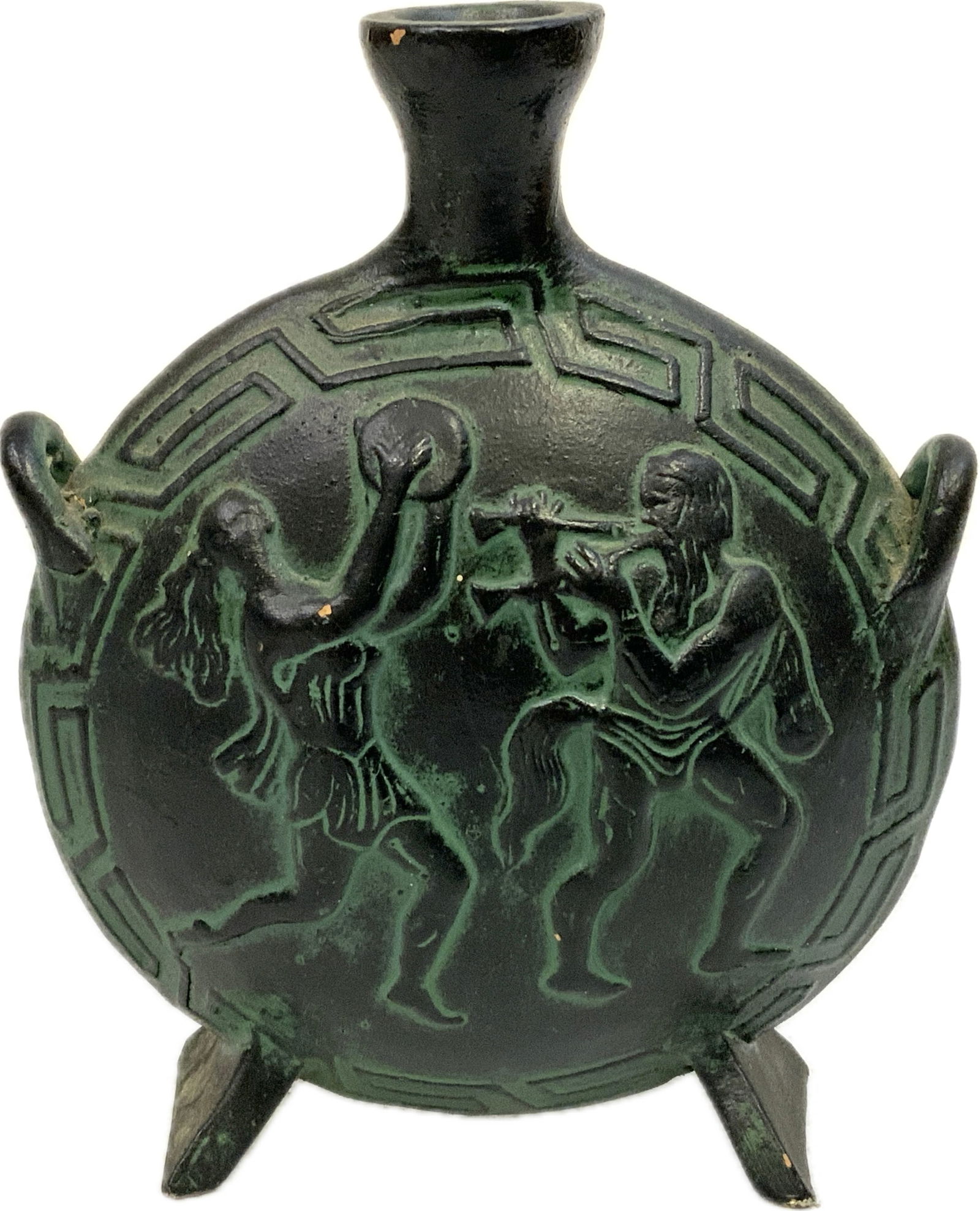 ANTIQUE DIONYSIAN REVELERS LIBATION FLASK: ANTIQUE DIONYSIAN REVELERS LIBATION FLASK.CLAY. RESTORED WITH ANTIQUE REPAIRS. 7" TALL. APPROX. 5 1/2" DIAM. FROM DR. PAUL D. LYNN COLLECTION.