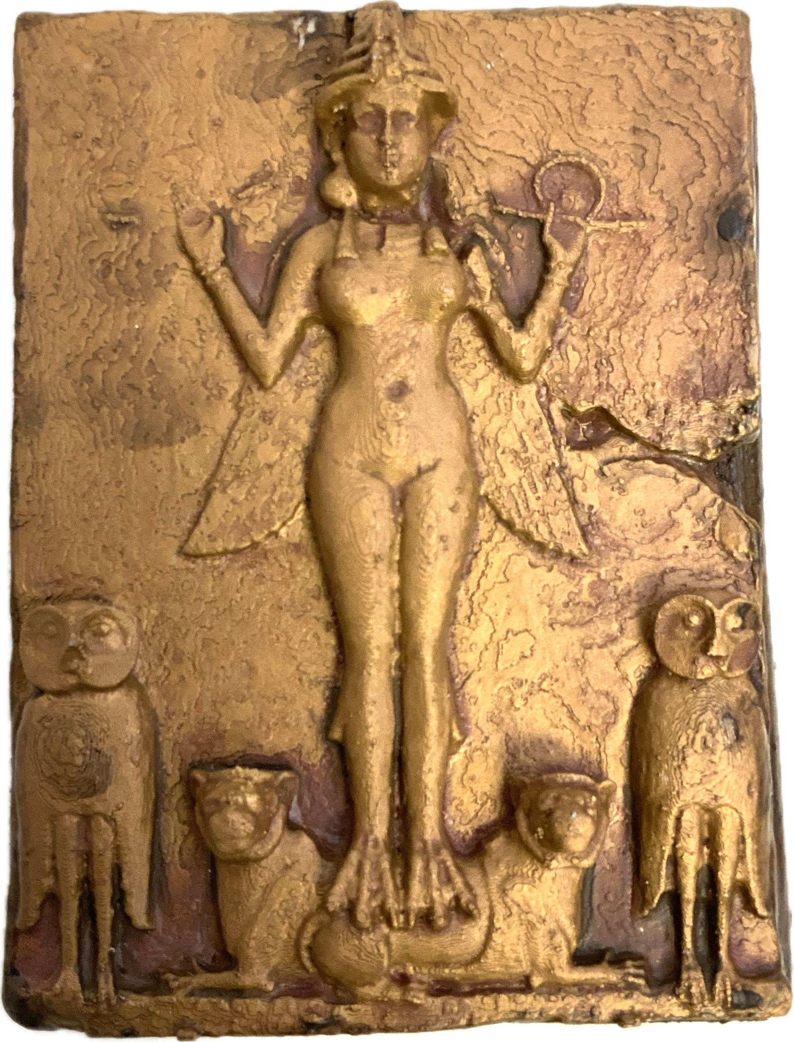 VINTAGE BABYLONIAN GODDESS OF THE UNDERWORLD INNANA: VINTAGE BABYLONIAN GODDESS OF THE UNDERWORLD INNANA.CLAY WOTH WOODEN BACKING. 4 1/2" X 6" SIZE. FROM DR. PAUL D. LYNN COLLECTION.