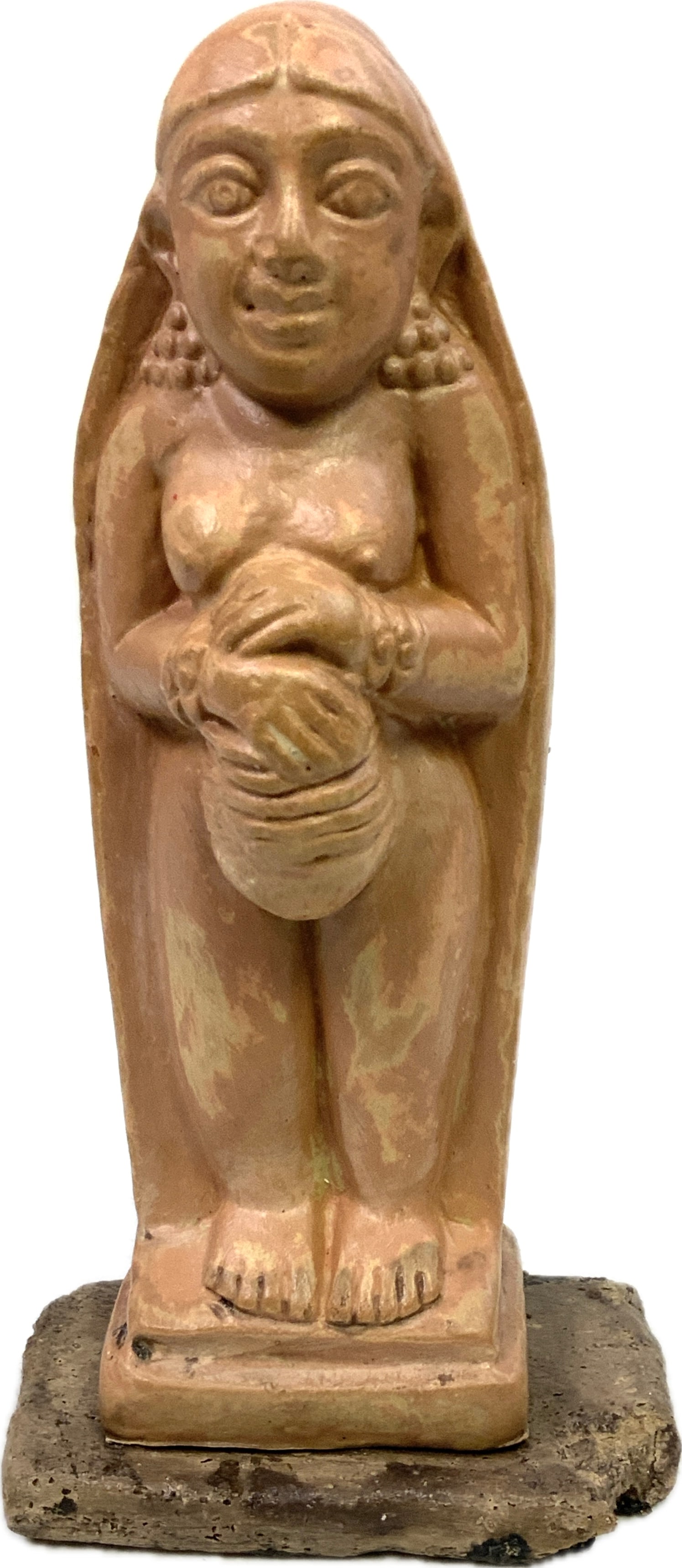 ANTIQUE SIDURI ASSYRIAN GODDESS: ANTIQUE SIDURI ASSYRIAN GODDESS.CLAY. 6" TALL. FROM DR. PAUL D. LYNN COLLECTION.