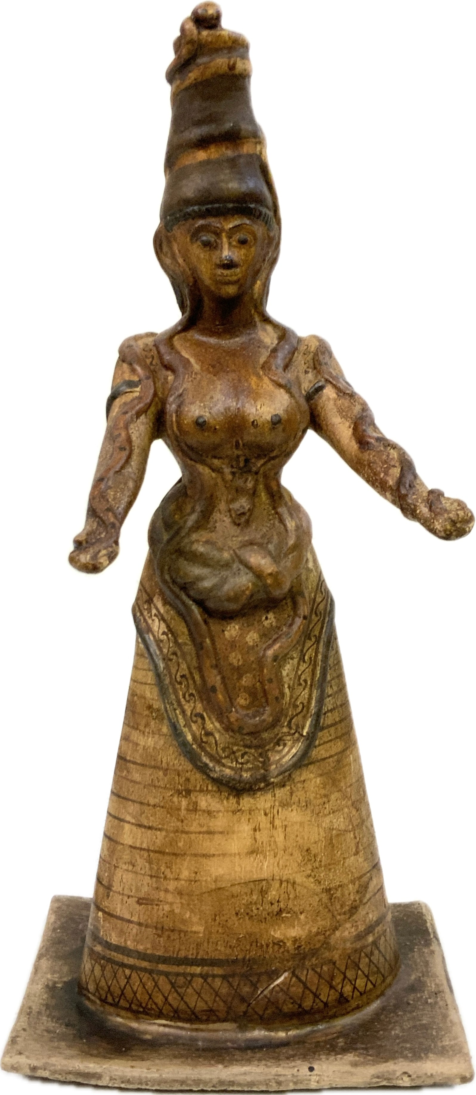 ANTIQUE MINDAN SNAKE GODDESS: ANTIQUE MINDAN SNAKE GODDESS.BOETIA,GREECE.CLAY. 14 1/2" TALL. FROM DR. PAUL D. LYNN COLLECTION.