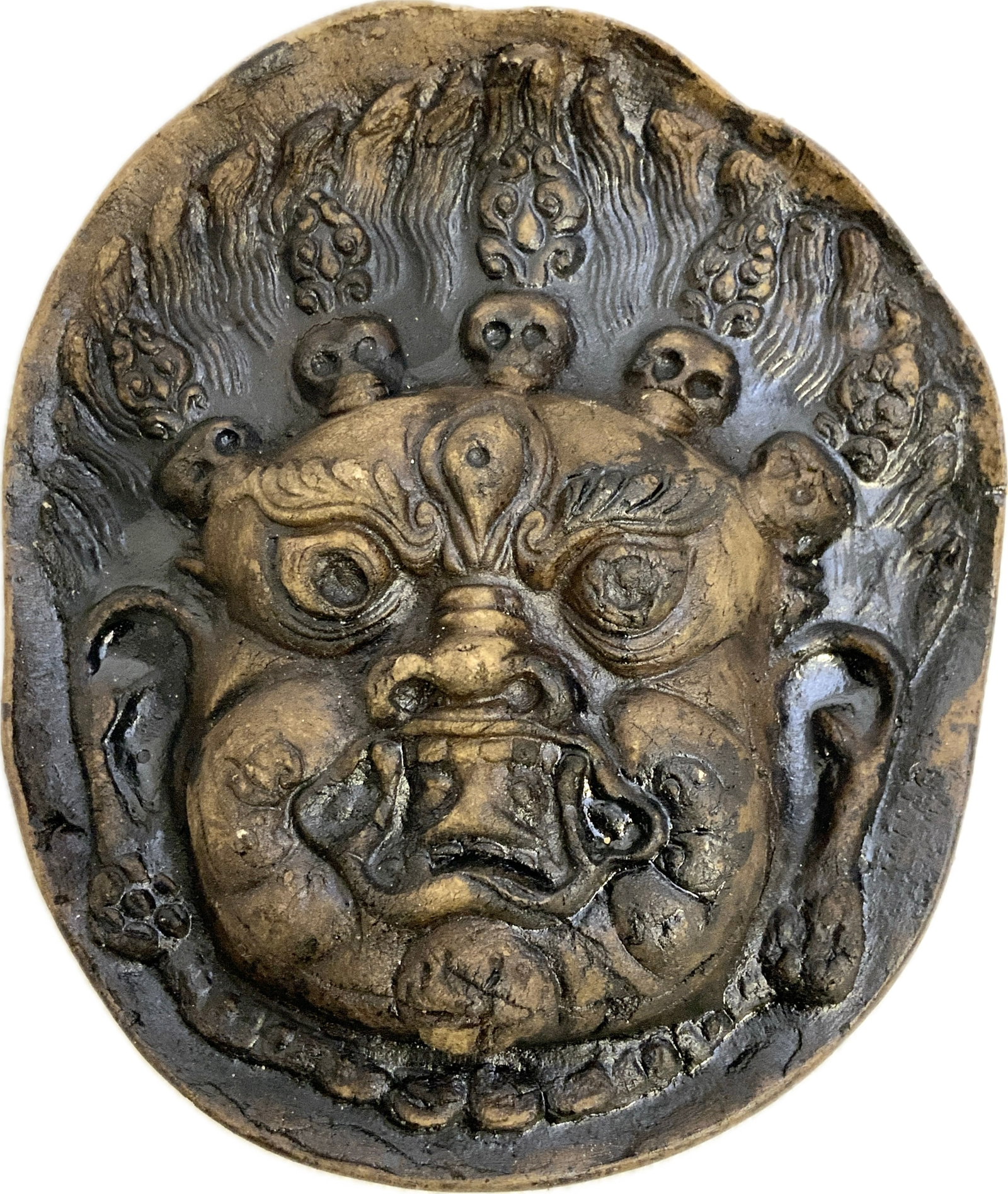 ANTIQUE MAHAKALA TERRACOTTA MASK: ANTIQUE MAHAKALA TERRACOTTA MASK. 5" X 6" SIZE. FROM DR. PAUL D. LYNN COLLECTION.