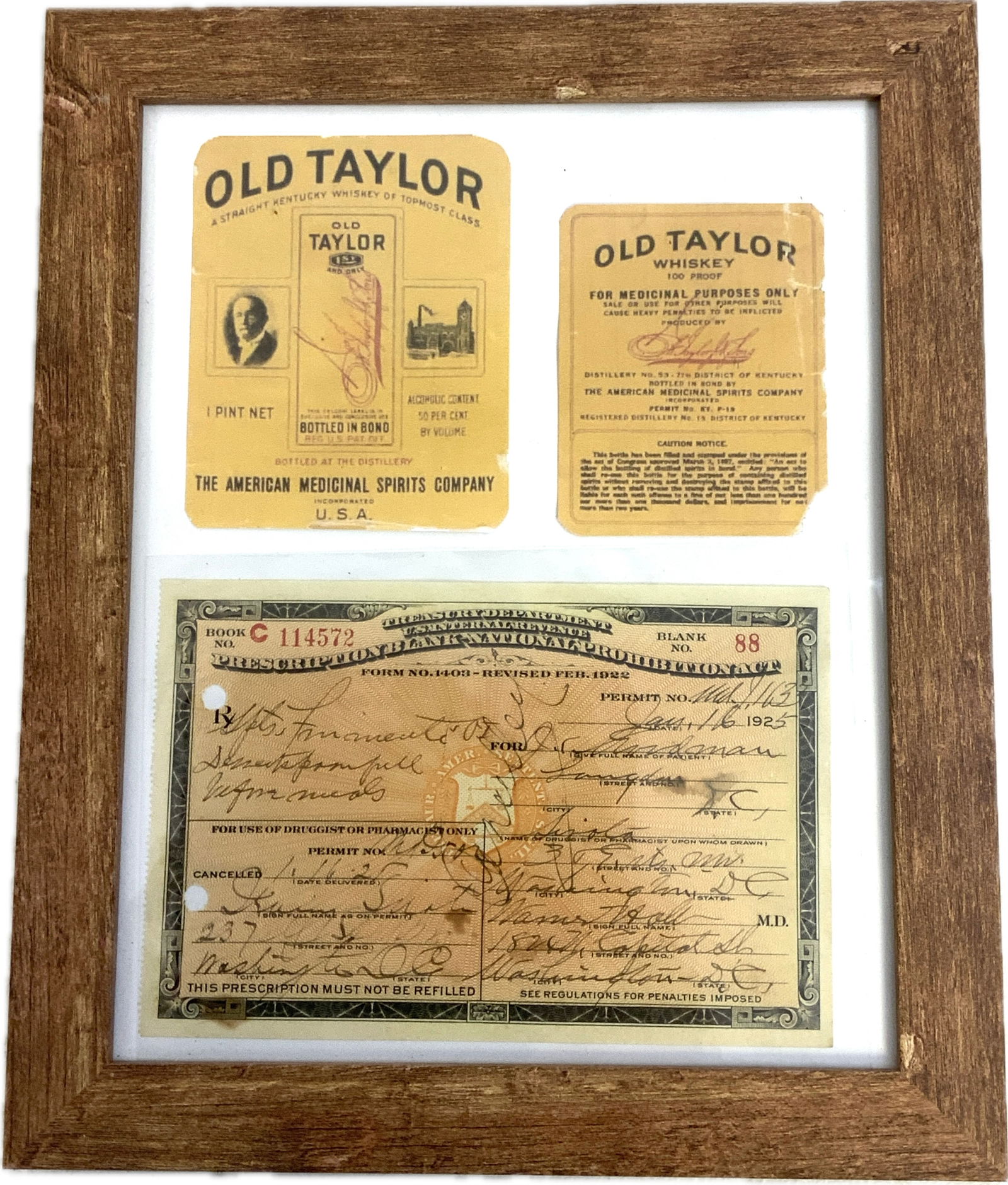 ANTIQUE PROHIBITION ERA FRAMED 1925 ALCOHOL PRESCRIPTION DISPLAY FRAMED: ANTIQUE PROHIBITION ERA FRAMED 1925 ALCOHOL PRESCRIPTION DISPLAY FRAMED.GREAT DECORATOR. 9 1/2" X 7 1/4" SIZE.