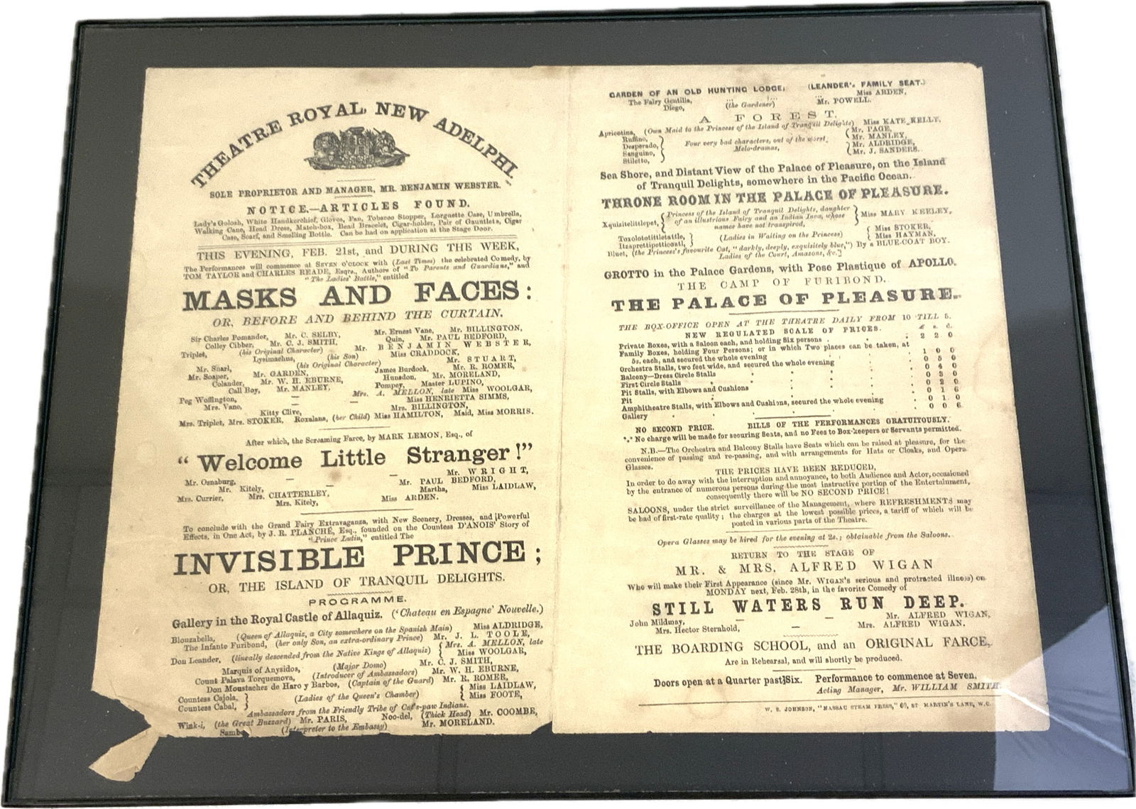 ANTIQUE LONDON THEATER ROYAL ADELPHY PROGRAM FRAMED: ANTIQUE LONDON THEATER ROYAL ADELPHY PROGRAM FRAMED. 19TH CENTURY. RARE. 14X11 SIZE.