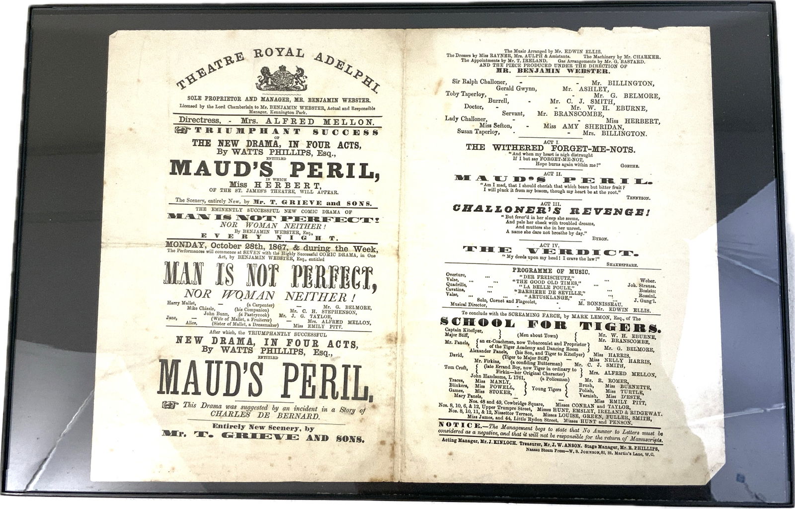 ANTIQUE LONDON THEATER ROYAL ADELPHY PROGRAM FRAMED: ANTIQUE LONDON THEATER ROYAL ADELPHY PROGRAM FRAMED. 19TH CENTURY. RARE. 17X11 SIZE.