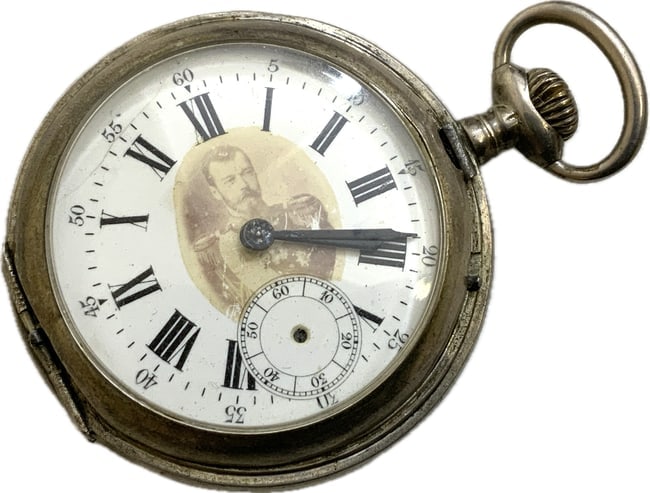 ANTIQUE IMPERIAL RUSSIAN SILVER POCKET WATCH WITH NICHOLAS II SWISS MADE ANKER: ANTIQUE IMPERIAL RUSSIAN SILVER POCKET WATCH WITH NICHOLAS II PICTURE. SWISS MADE ANKER WATCH SPECIAL IMPERIAL RUSSIA DISTRIBUTER IN ST. PETERSBURG. APPEARS TO BE MECHANICALLY IN WORKING CONDITION . T