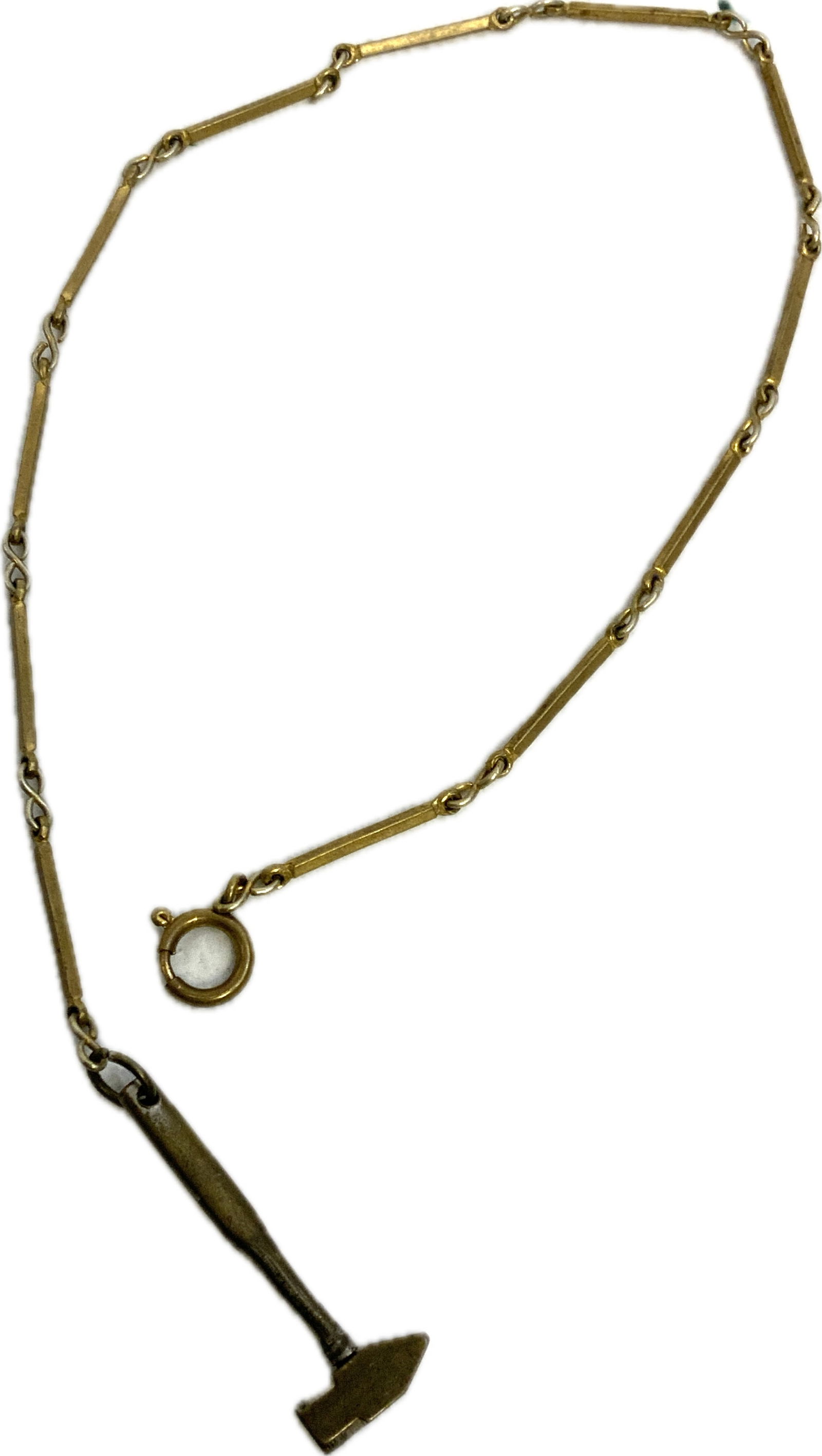 ANTIQUE POCKET WATCH CHAIN FOB WITH A HAMMER: ANTIQUE POCKET WATCH CHAIN FOB WITH A HAMMER. BEAUTIFUL HIGH QUALITY JEWELERS MADE CHAIN . GOLD PLATED. HAMMER APPERAS TO BE SILVER.13" TOTAL LENGHT.
