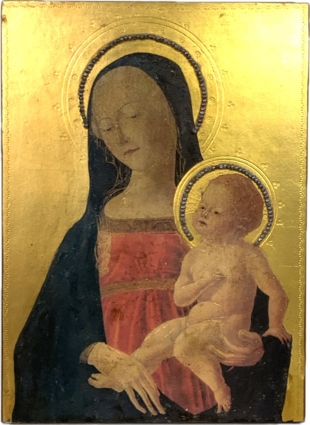 VIRGIN MARY WITH CHILD WALL ICON: VIRGIN MARY WITH CHILD WALL ICON.BEAUTIFUL PIECE WITH APPLIED COLORED STONES.LARGE SIZE 10 1/2" X 14 1/2" SIZE. FROM DR. PAUL D. LYNN COLLECTION.