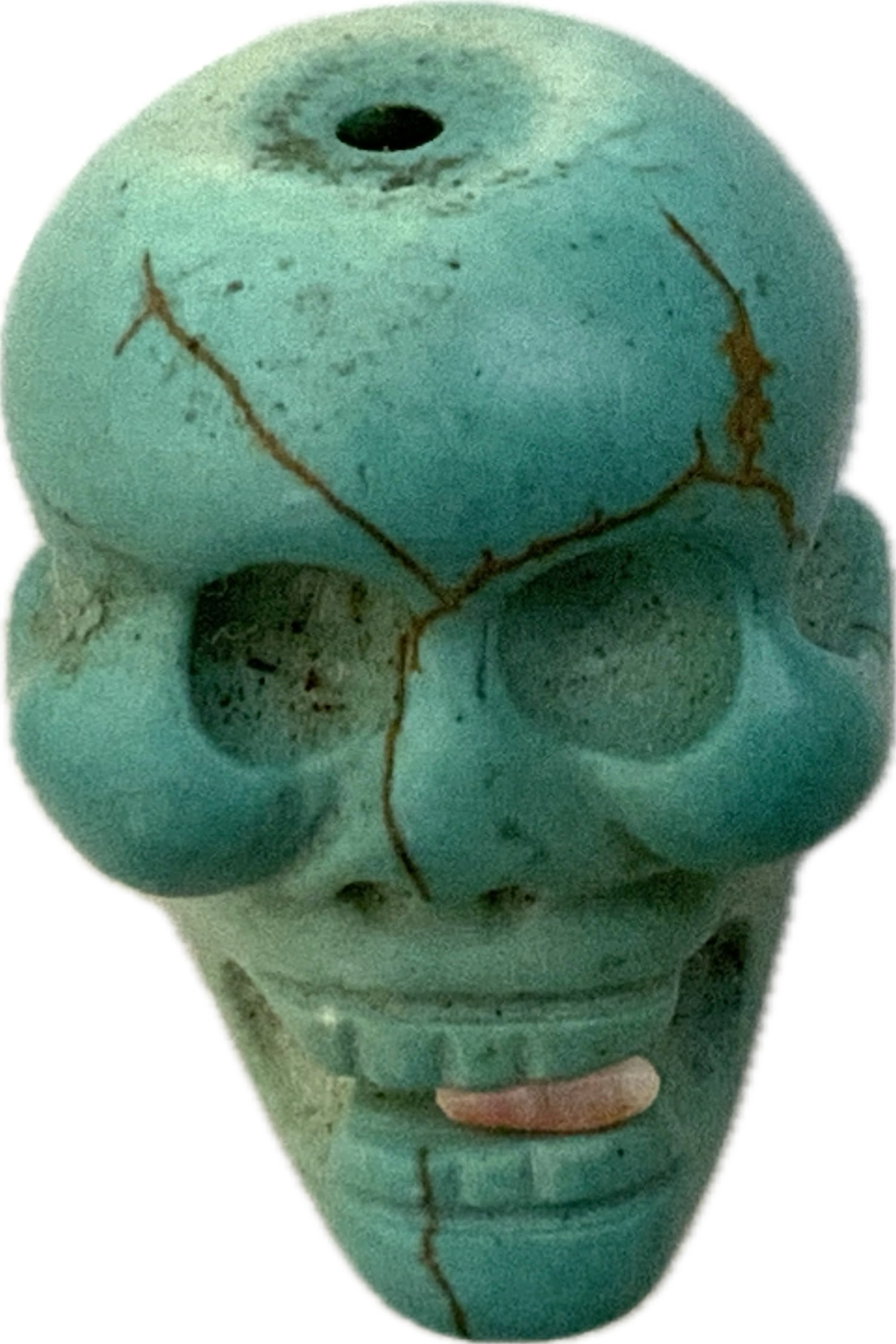ANTIQUE NATURAL TURQUOISE SKULL BEAD: ANTIQUE NATURAL TURQUOISE SKULL BEAD. CENTRAL AMERICA. APPROX 1" SIZE. GREAT PIECE.