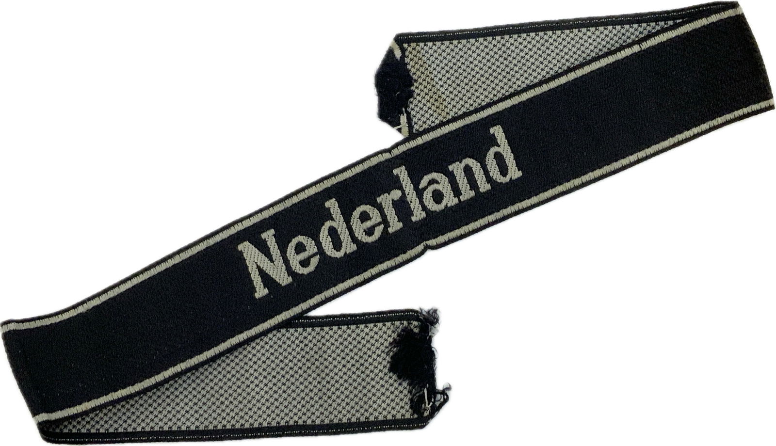 WWII GERMAN WAFFEN SS "NEDERLAND" CUFFTITLE: WWII GERMAN WAFFEN SS SS-Freiwilligen-Panzer Grenadier Brigade "Nederland" CUFFTITLE . BeVo 1943- . NICE TEXTBOOK EXAMPLE. 17" long